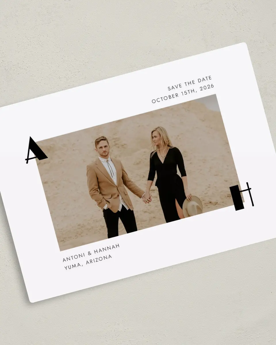 This is a 5" x 7" Save the Date Magnet called Modern Initial printed in full color with a Luxe Satin finish