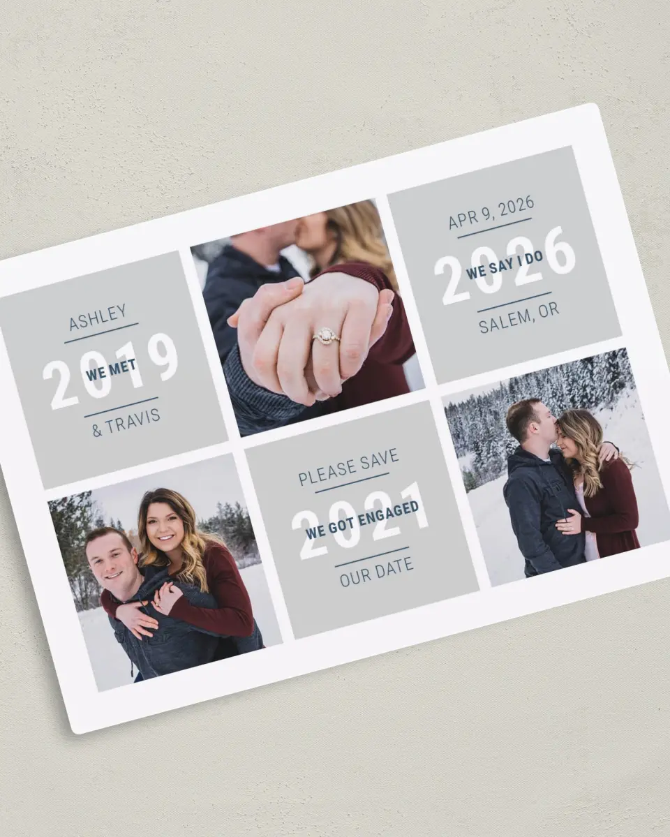 This is a 5" x 7" Save the Date Magnet called Sweet Snapshots printed in full color with a Luxe Satin finish