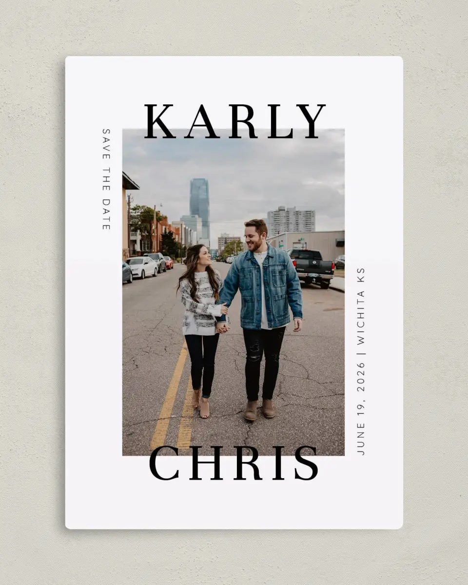 This is a 5" x 7" Save the Date Magnet called Modern Love Box printed in full color with a Luxe Satin finish