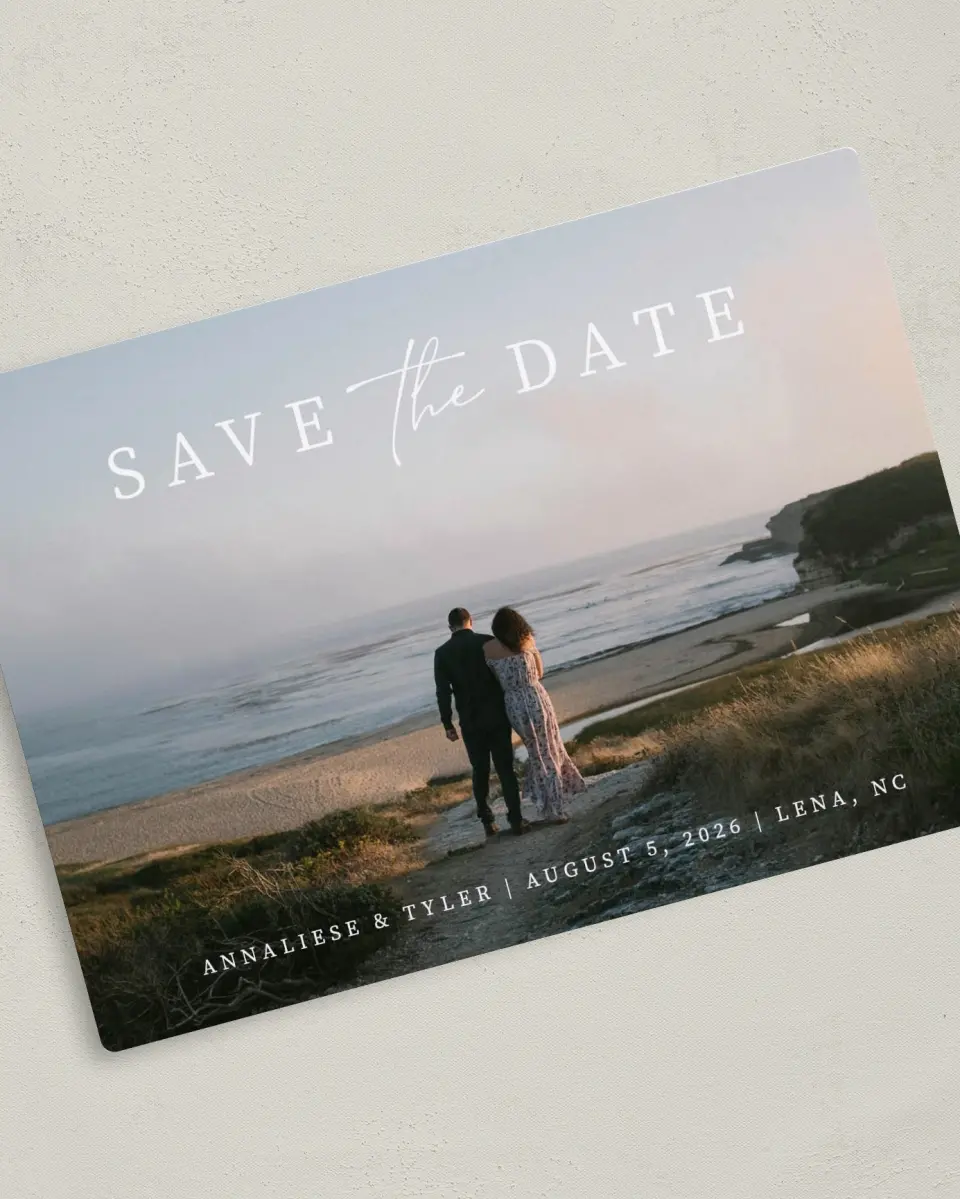 This is a 5" x 7" Save the Date Magnet called Simply Swooning printed in full color with a Luxe Satin finish