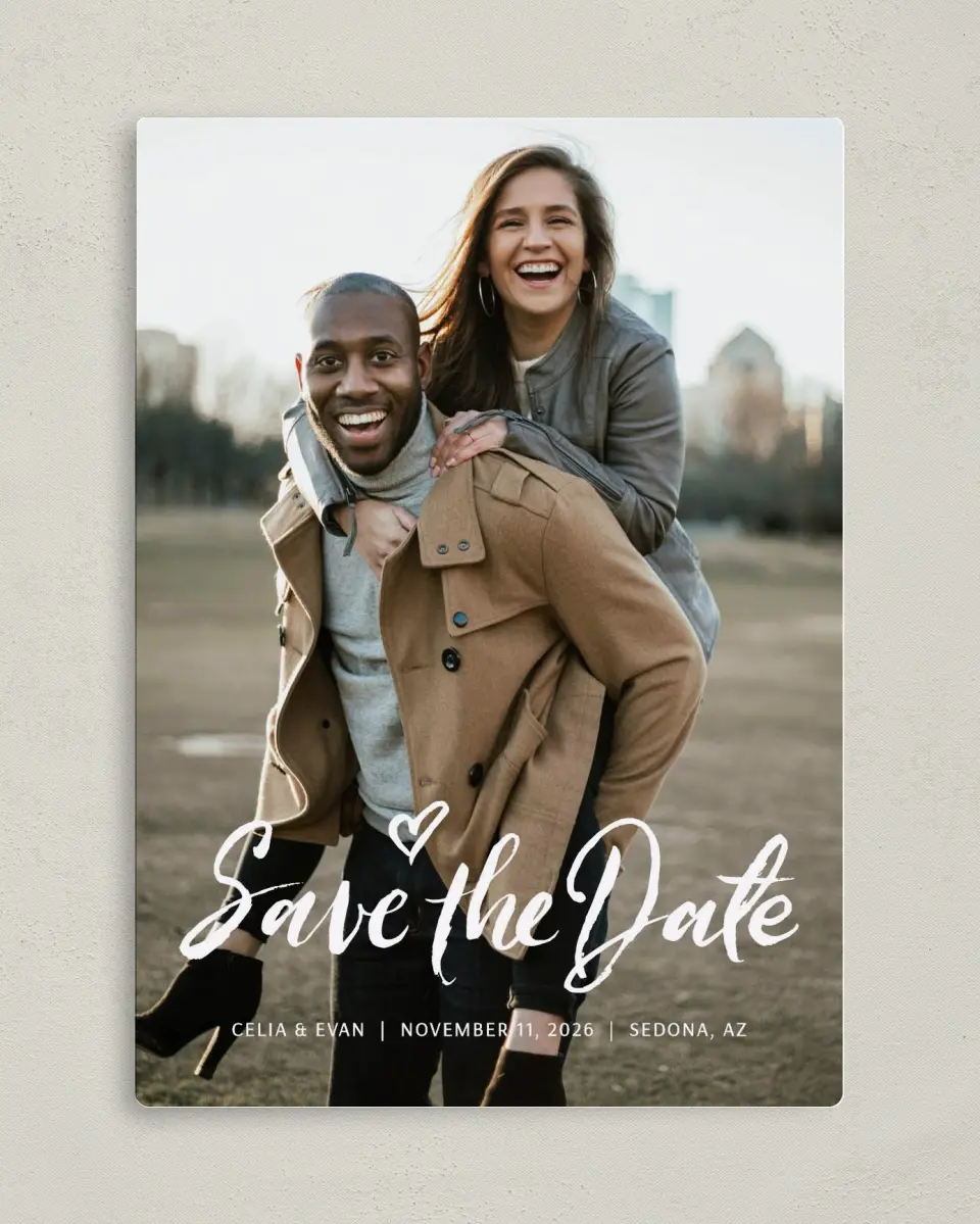This is a 5" x 7" Save the Date Magnet called Celebrate Love printed in full color with a Luxe Satin finish