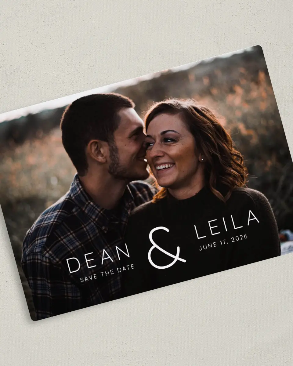 This is a 5" x 7" Save the Date Magnet called Connected printed in full color with a Luxe Satin finish