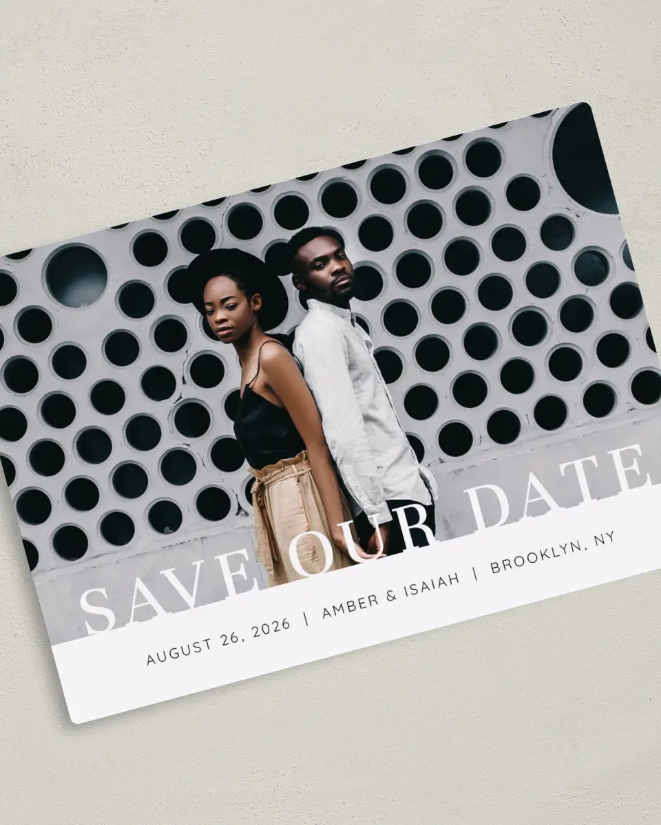 This is a 5" x 7" Save the Date Magnet called Meant to Be printed in full color with a Luxe Satin finish