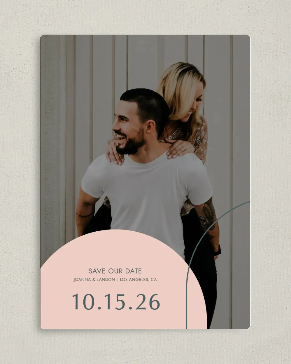 This is a 5" x 7" Save the Date Magnet called Mod Shapes printed in full color with a Luxe Satin finish