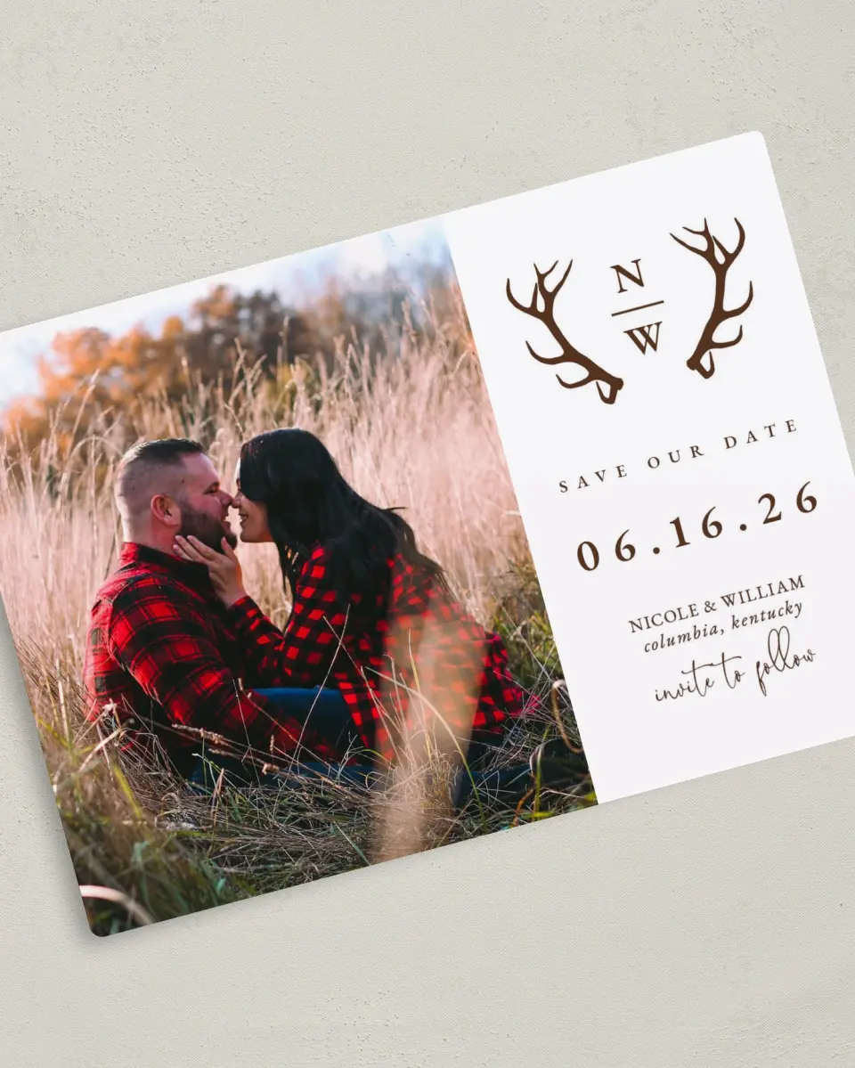 This is a 5" x 7" Save the Date Magnet called Rustic Antler printed in full color with a Luxe Satin finish