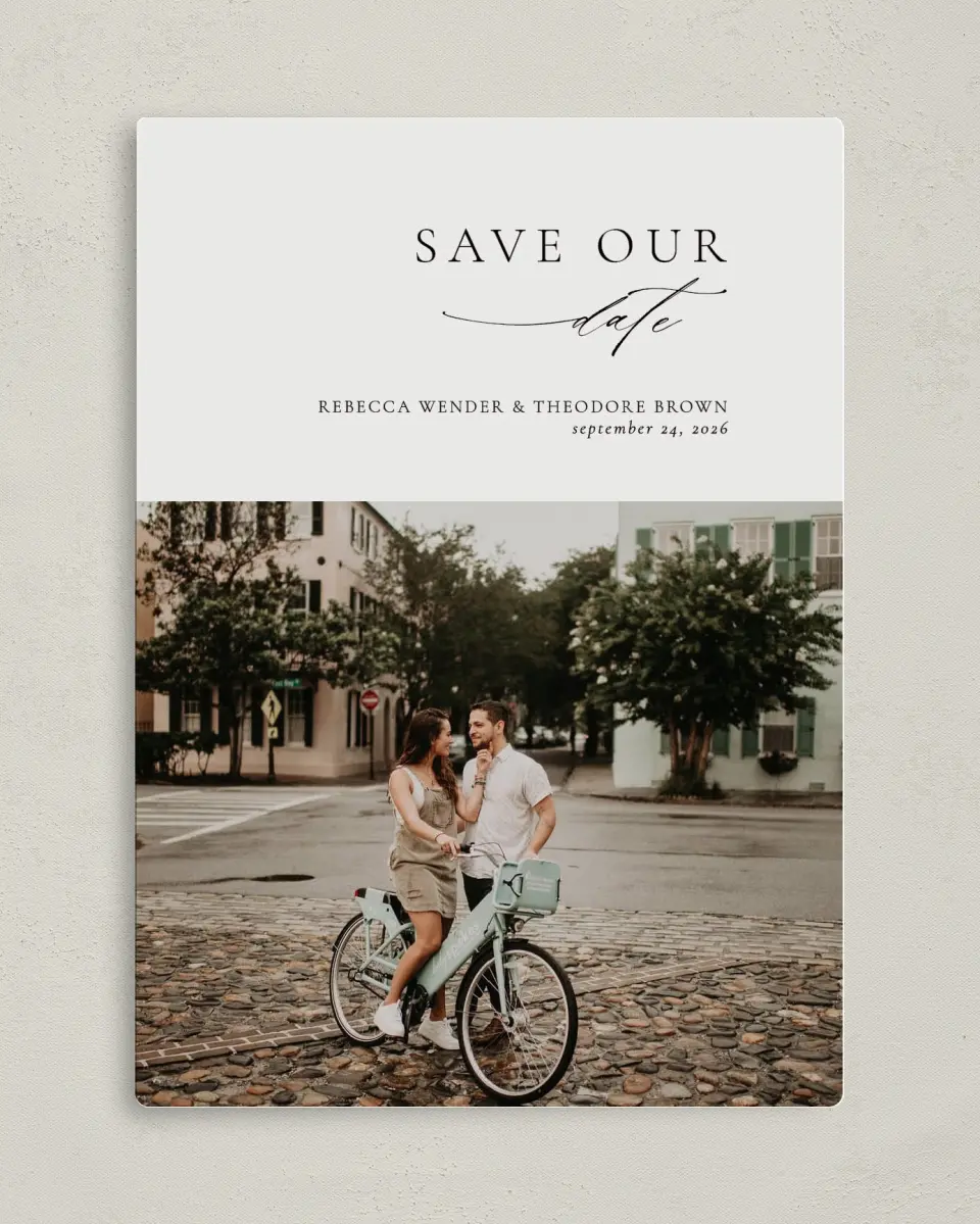 This is a 5" x 7" Save the Date Magnet called Simply Elegant printed in full color with a Luxe Satin finish