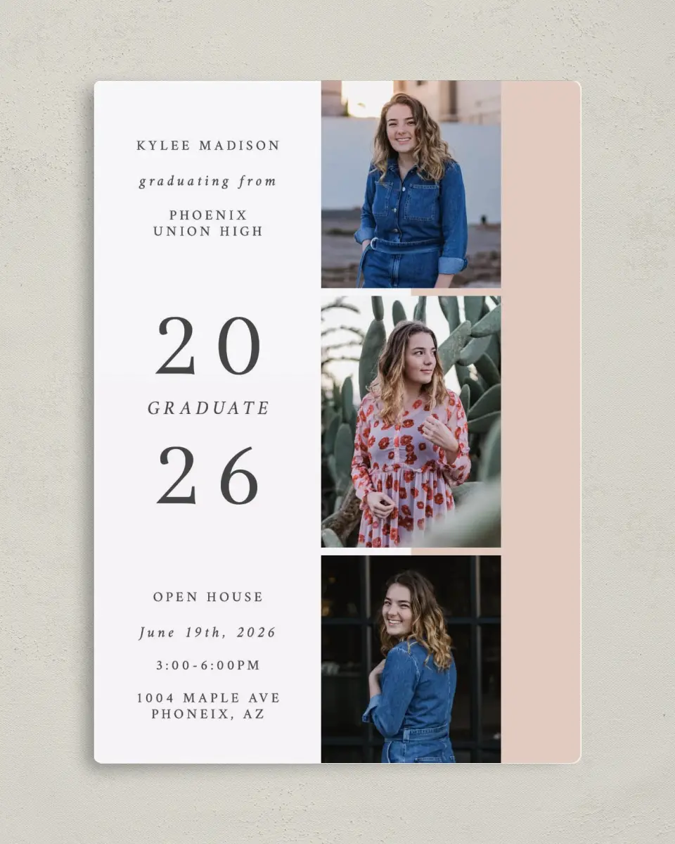This is a 5" x 7" Graduation Announcement Magnet called Stacked Grad printed in full color with a Luxe Satin finish