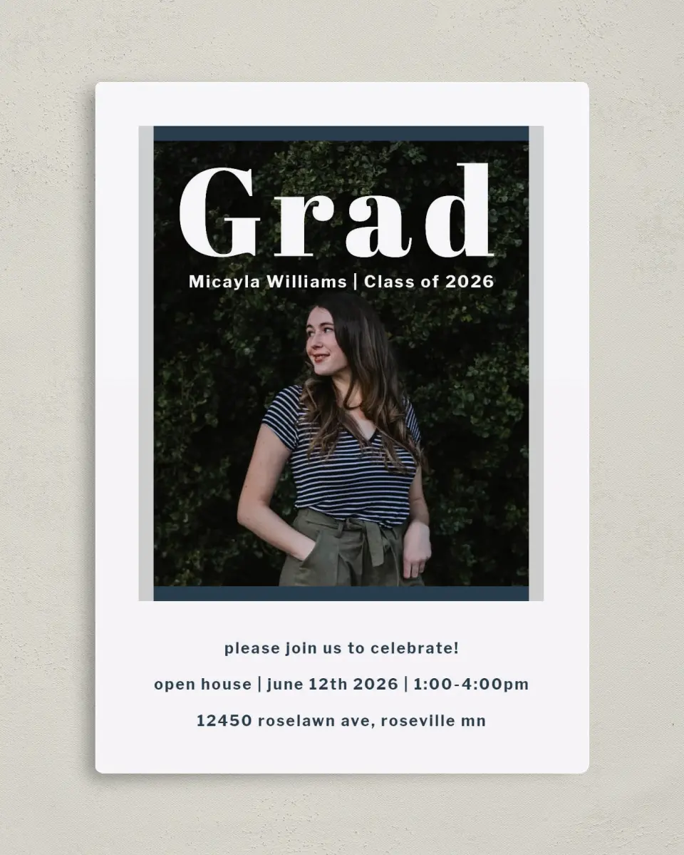 This is a 5" x 7" Graduation Announcement Magnet called Huge Deal printed in full color with a Luxe Satin finish