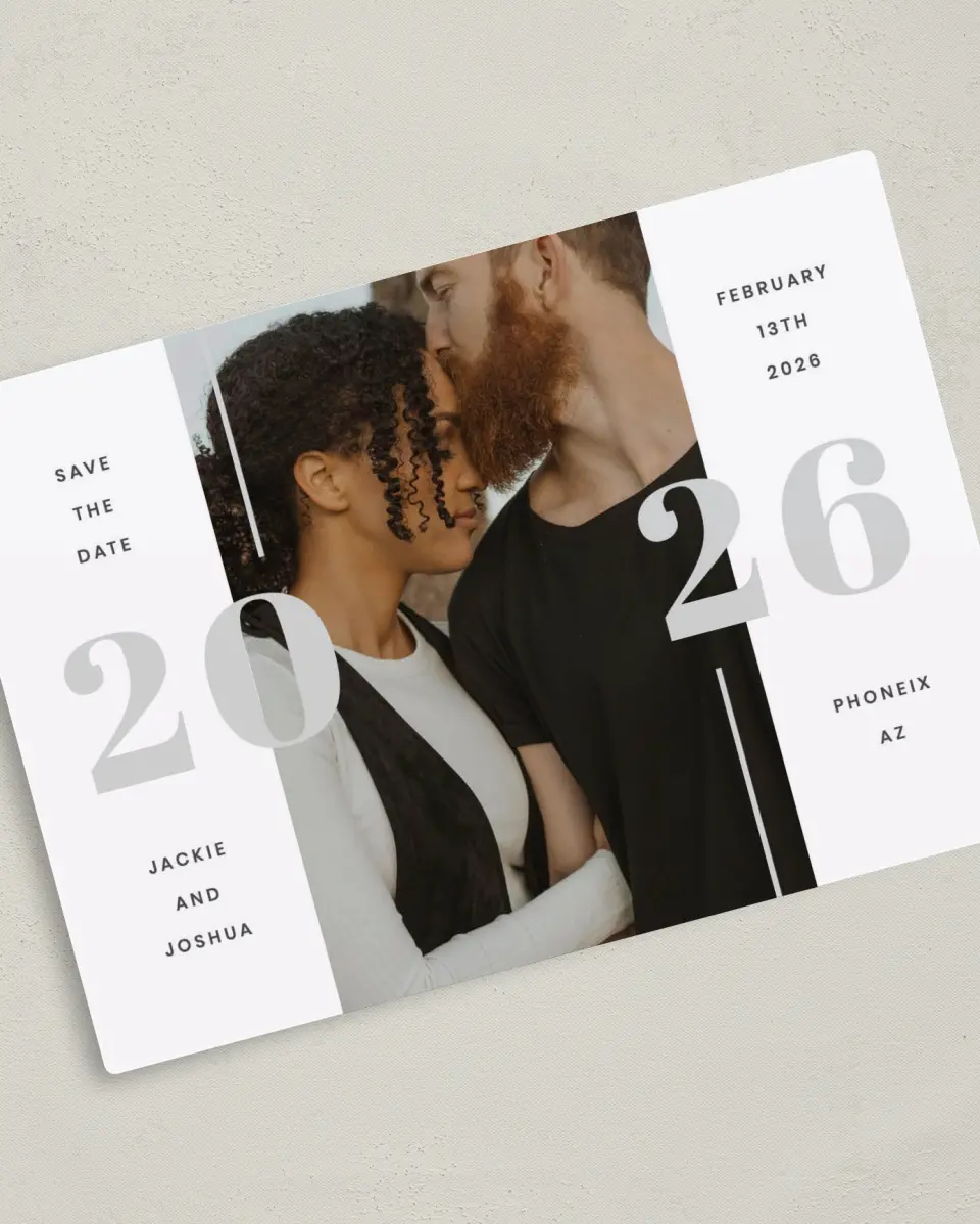 This is a 5" x 7" Save the Date Magnet called Expansive Love printed in full color with a Luxe Satin finish
