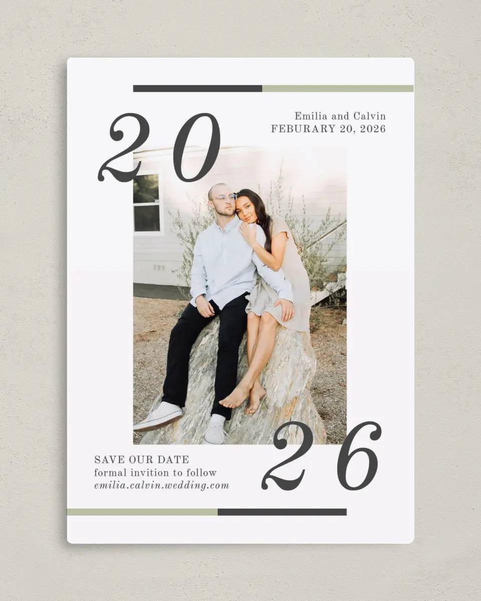 This is a 5" x 7" Save the Date Magnet called Bridal Bar printed in full color with a Luxe Satin finish