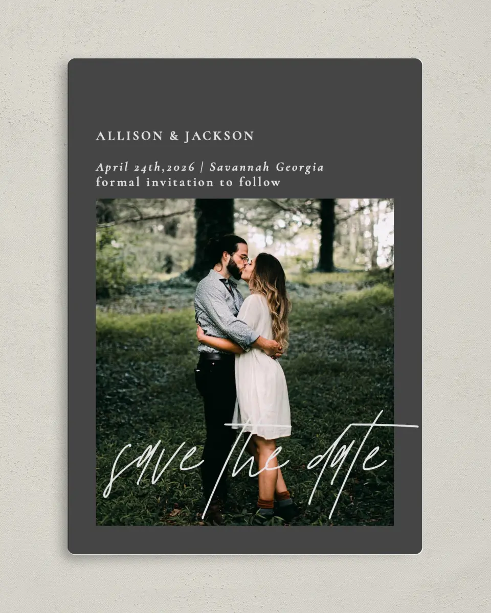 This is a 5" x 7" Save the Date Magnet called Featured Beloved printed in full color with a Luxe Satin finish