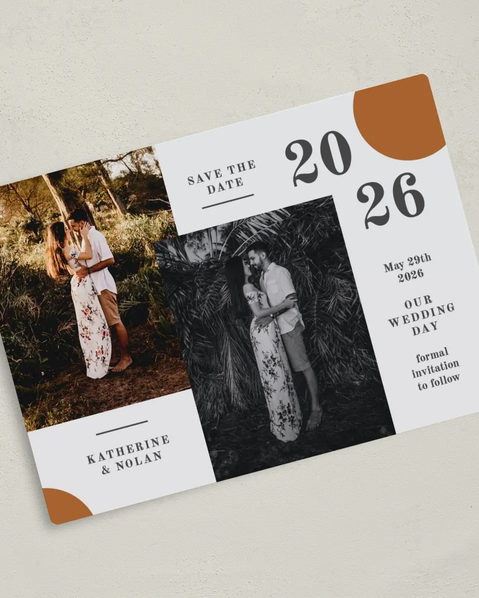 This is a 5" x 7" Save the Date Magnet called Glory Day printed in full color with a Luxe Satin finish