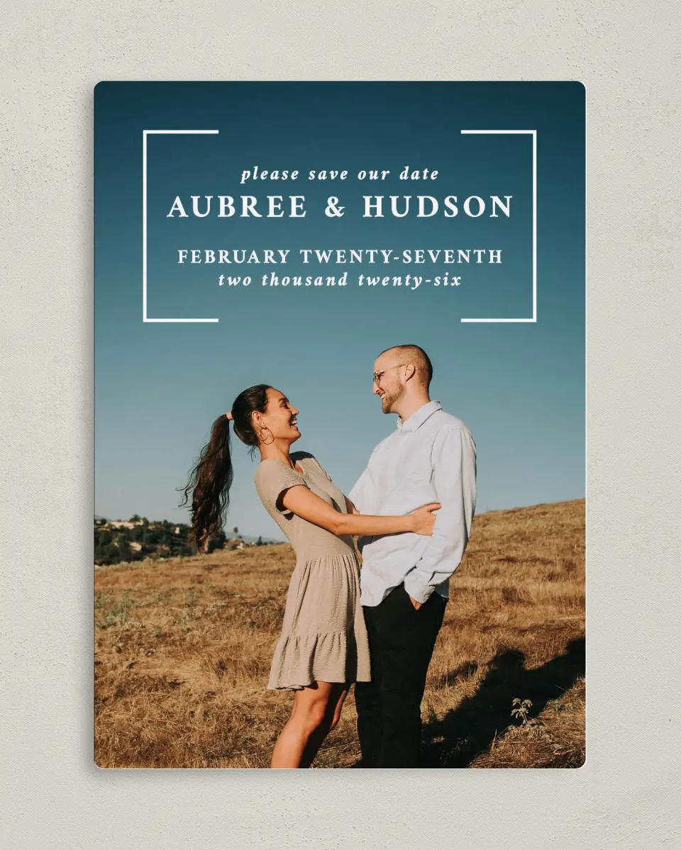 This is a 5" x 7" Save the Date Magnet called Bright Brace printed in full color with a Luxe Satin finish