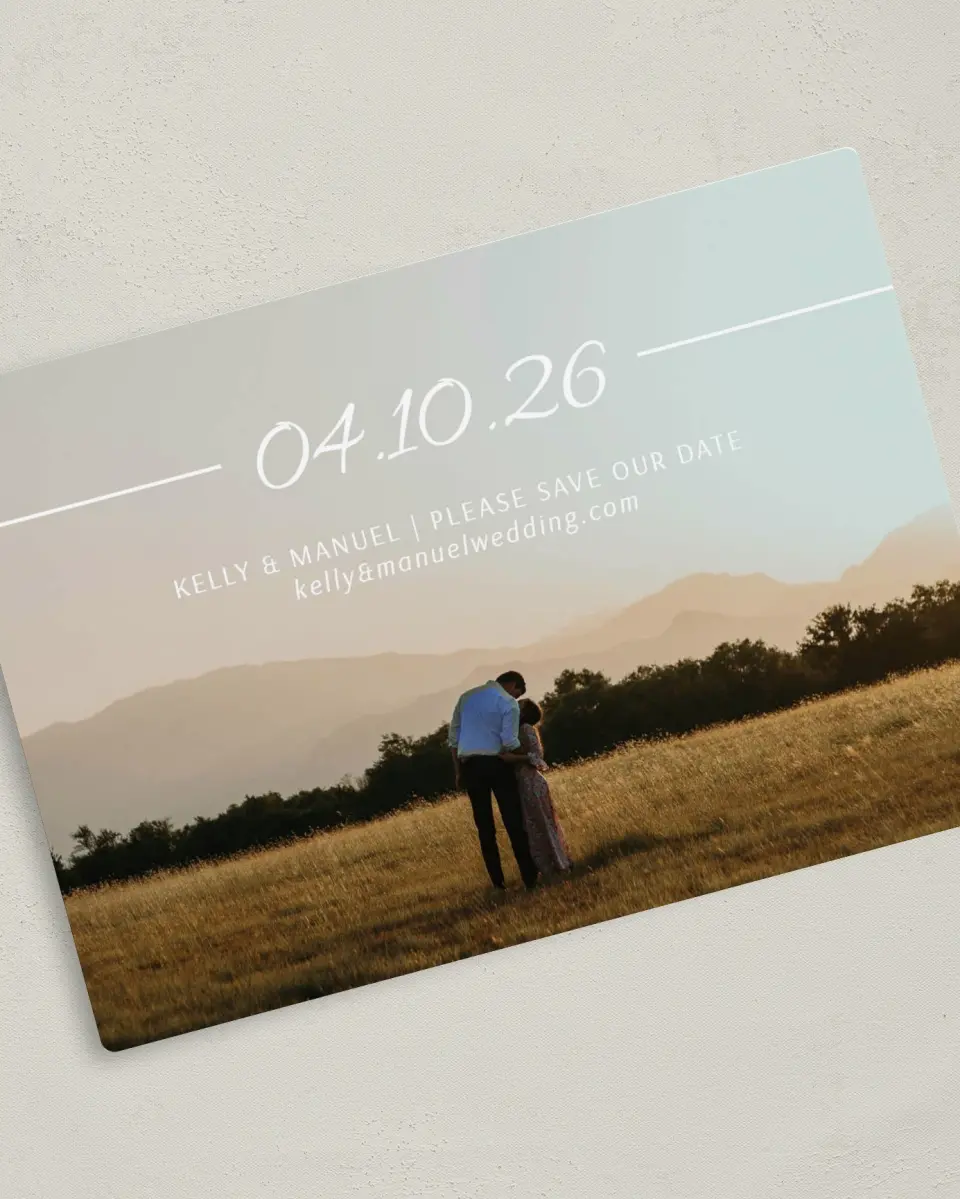 This is a 5" x 7" Save the Date Magnet called Expansive Line printed in full color with a Luxe Satin finish