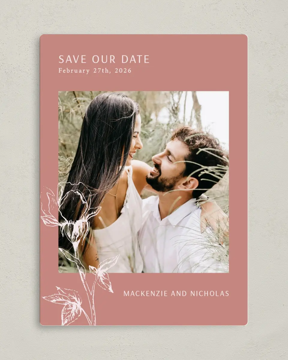 This is a 5" x 7" Save the Date Magnet called Blooming Bud printed in full color with a Luxe Satin finish