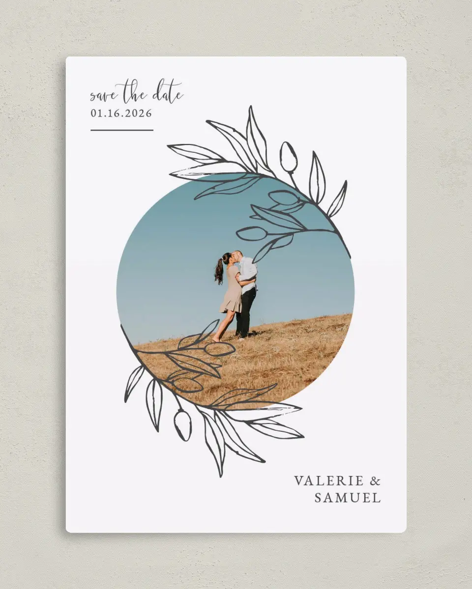 This is a 5" x 7" Save the Date Magnet called Branch Sketch printed in full color with a Luxe Satin finish