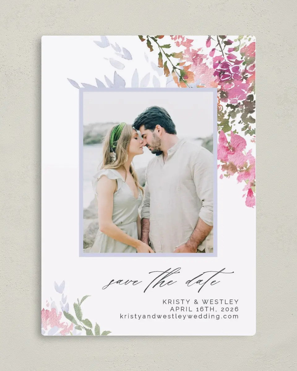 This is a 5" x 7" Save the Date Magnet called Blushing Bouquet printed in full color with a Luxe Satin finish
