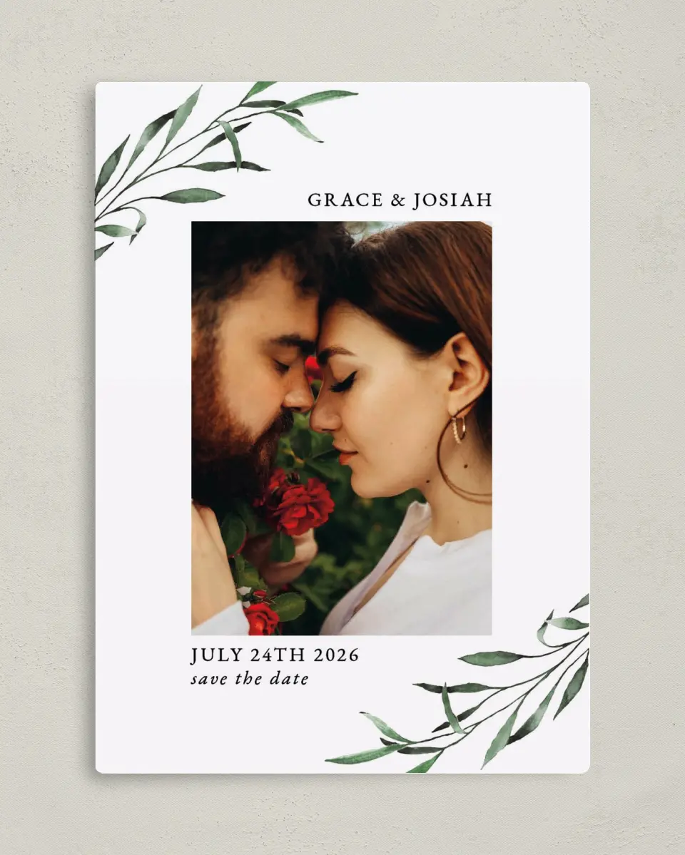 This is a 5" x 7" Save the Date Magnet called Tender Twig printed in full color with a Luxe Satin finish