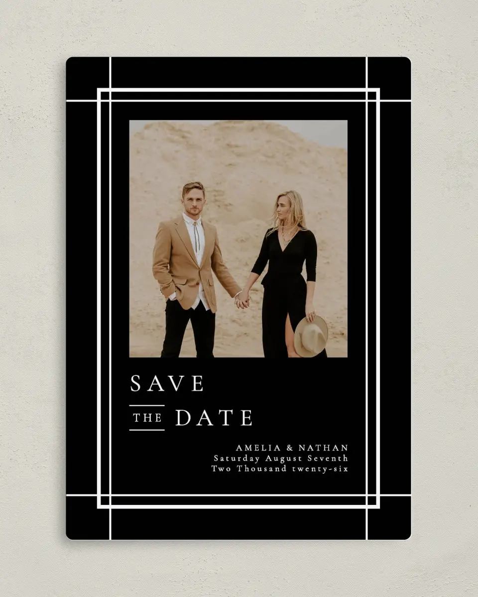This is a 5" x 7" Save the Date Magnet called Modern Trim printed in full color with a Luxe Satin finish