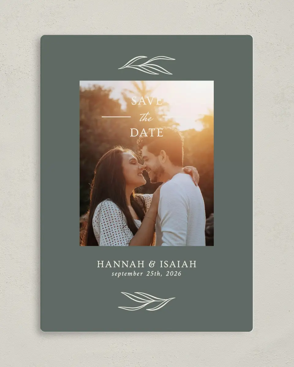 This is a 5" x 7" Save the Date Magnet called Whisper Twig printed in full color with a Luxe Satin finish