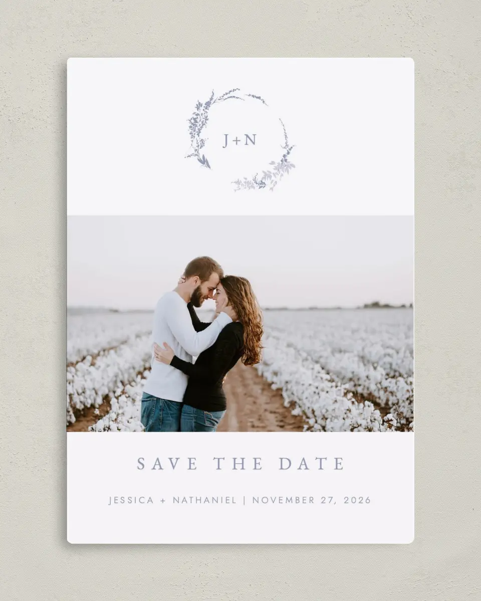 This is a 5" x 7" Save the Date Magnet called Dainty Wreath printed in full color with a Luxe Satin finish