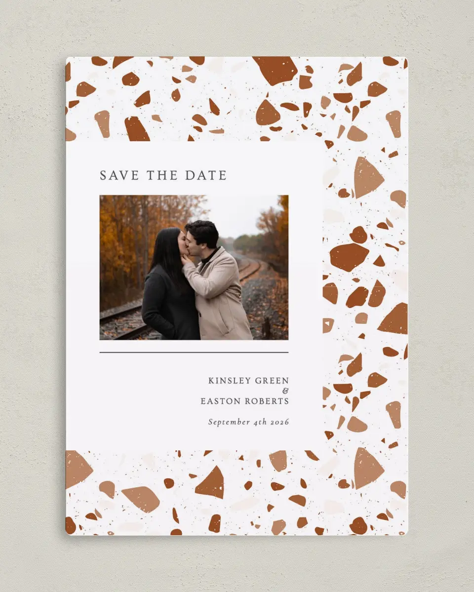 This is a 5" x 7" Save the Date Magnet called Cornerstone of Love printed in full color with a Luxe Satin finish
