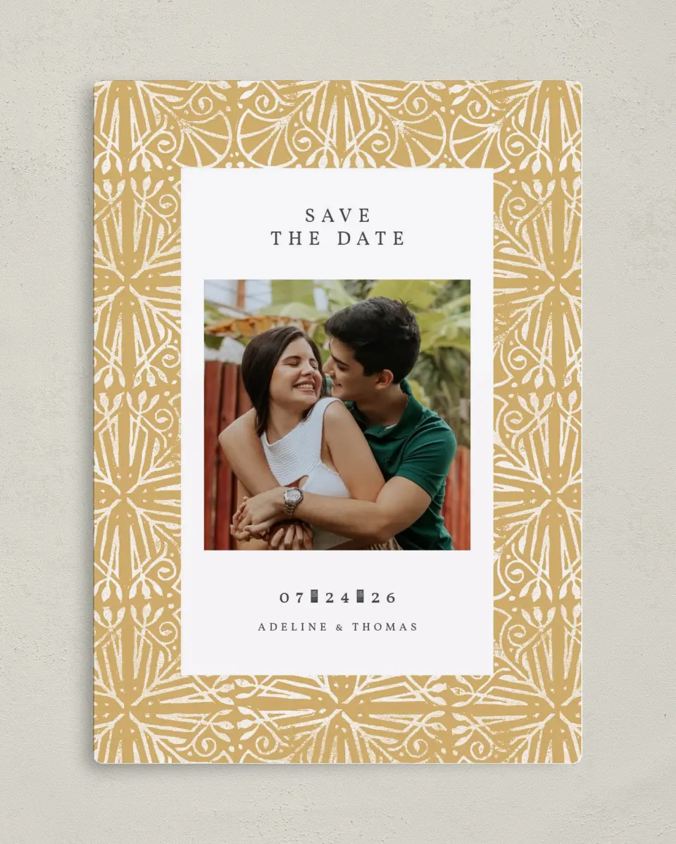 This is a 5" x 7" Save the Date Magnet called Decorated Luxury printed in full color with a Luxe Satin finish