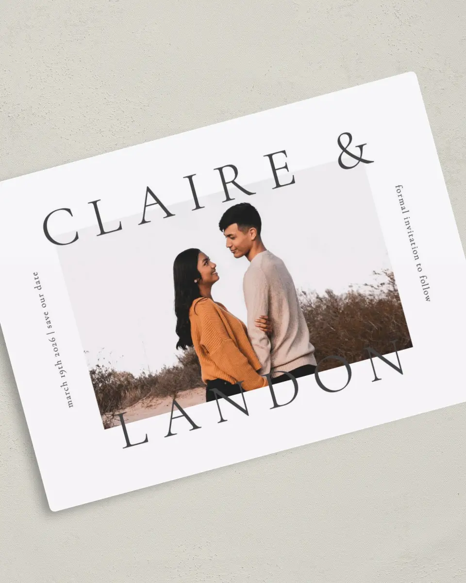 This is a 5" x 7" Save the Date Magnet called Majestic Love printed in full color with a Luxe Satin finish