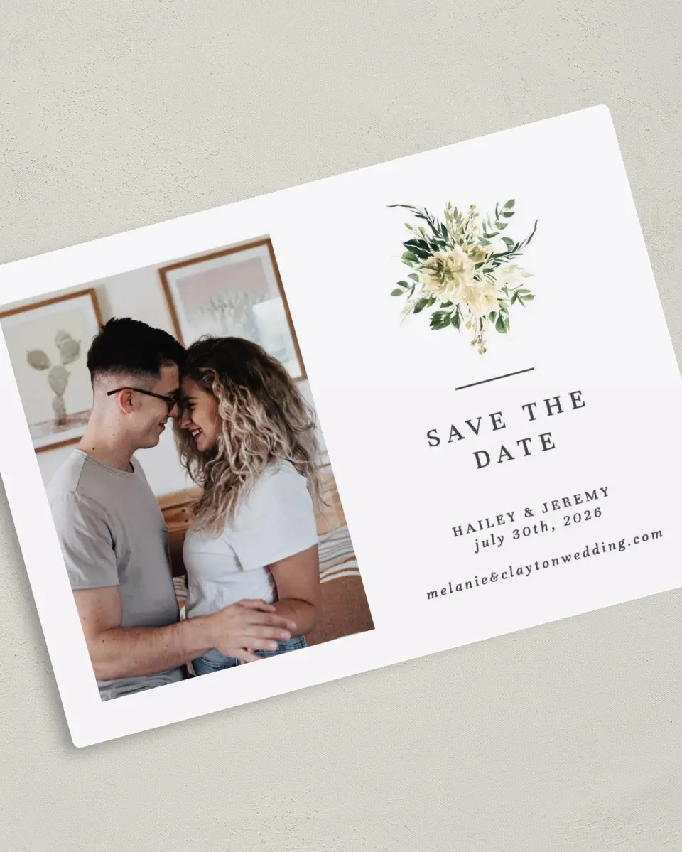This is a 5" x 7" Save the Date Magnet called Honest Bouquet printed in full color with a Luxe Satin finish
