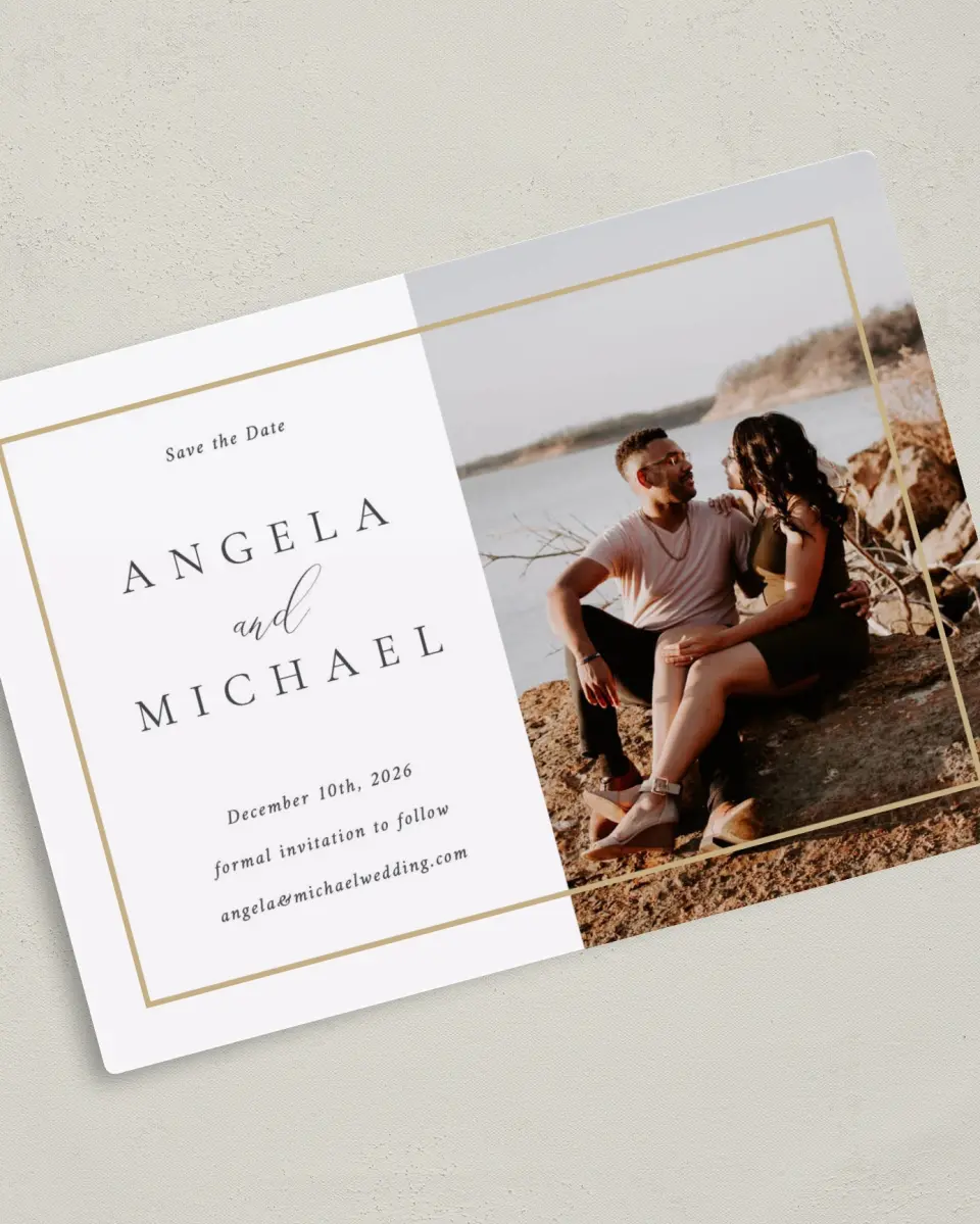 This is a 5" x 7" Save the Date Magnet called Rich Structure printed in full color with a Luxe Satin finish
