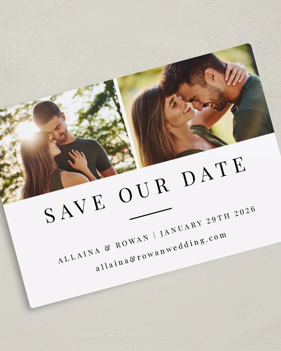 This is a 5" x 7" Save the Date Magnet called Pure Devotion printed in full color with a Luxe Satin finish