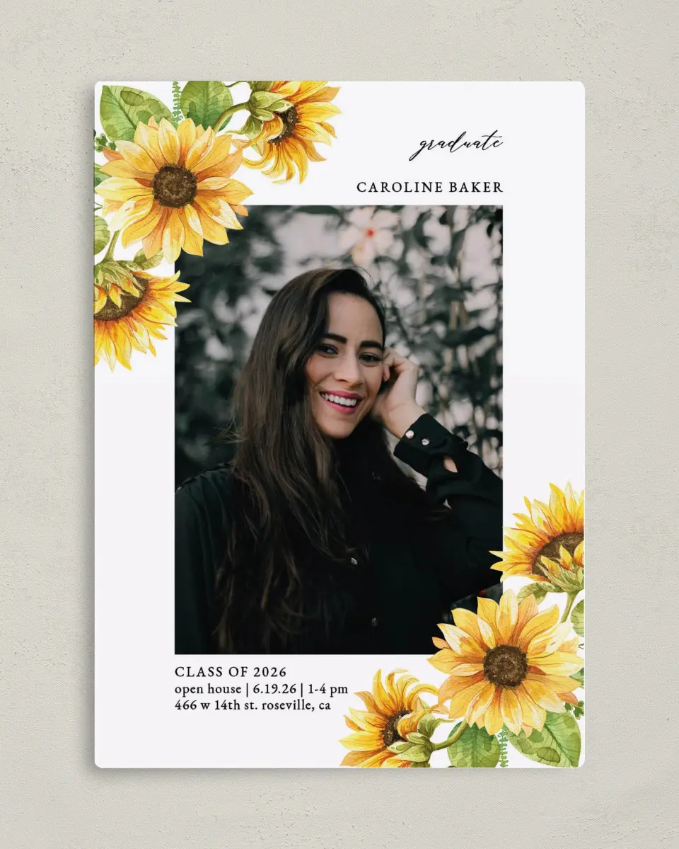 This is a 5" x 7" Graduation Announcement Magnet called Sunflower Student printed in full color with a Luxe Satin finish