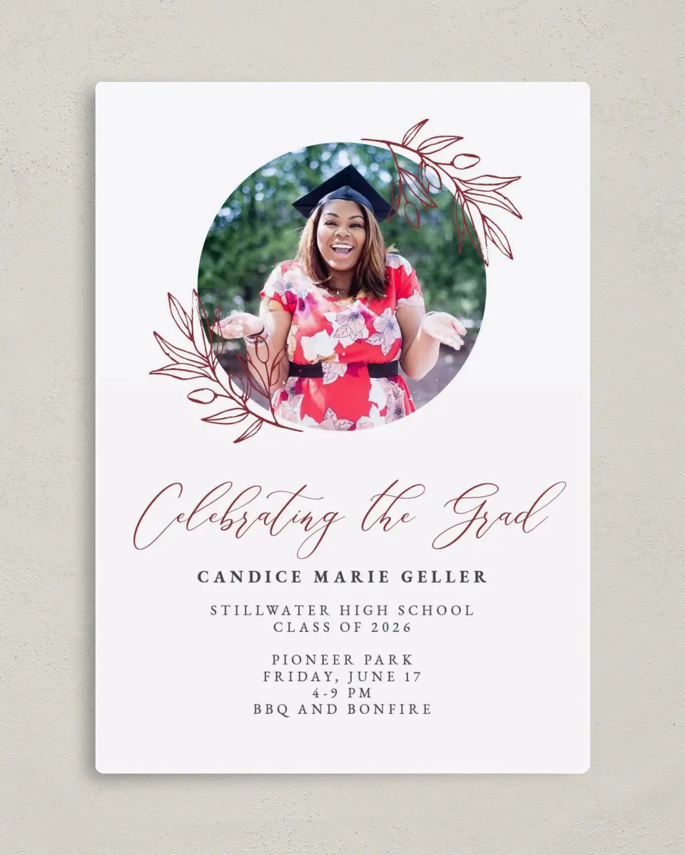 This is a 5" x 7" Graduation Announcement Magnet called Celebrating the Grad printed in full color with a Luxe Satin finish