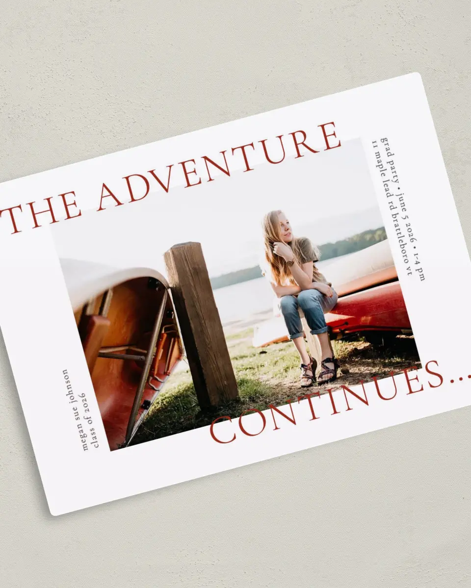 This is a 5" x 7" Graduation Announcement Magnet called Adventure Continues printed in full color with a Luxe Satin finish