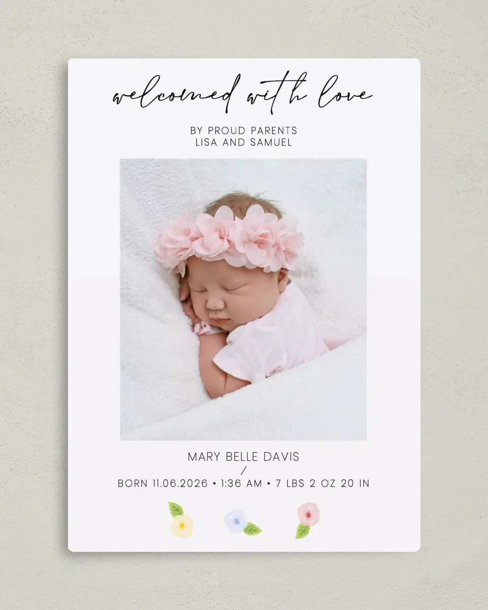 This is a 5" x 7" Birth Announcement Magnet called Welcome Little Flower printed in full color with Gold foil and a Luxe Satin finish