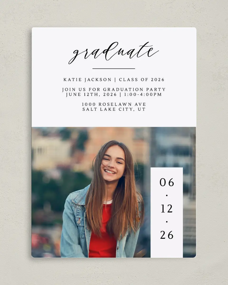 This is a 5" x 7" Graduation Announcement Magnet called Graduate Date printed in full color with a Luxe Satin finish