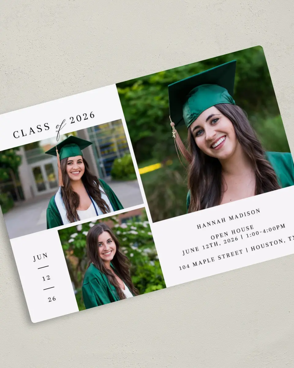 This is a 5" x 7" Graduation Announcement Magnet called Crisp Celebration printed in full color with a Luxe Satin finish
