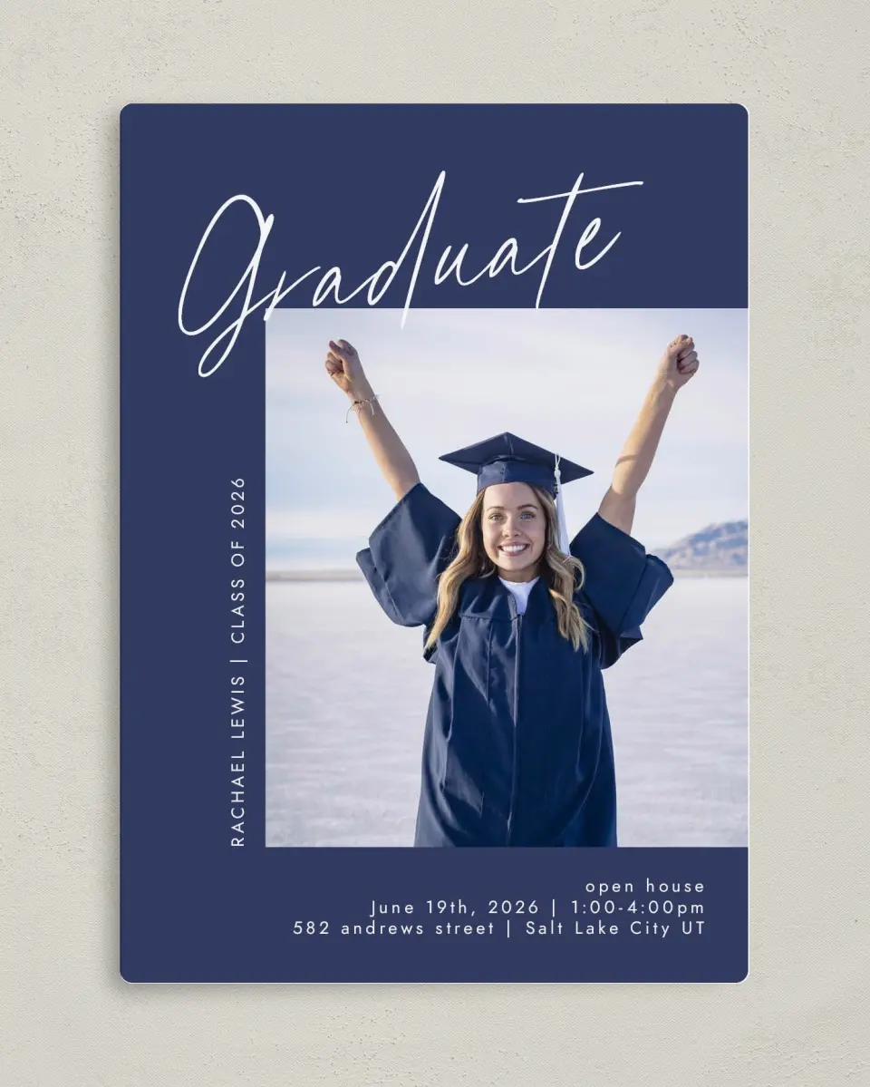 This is a 5" x 7" Graduation Announcement Magnet called Smart Script printed in full color with a Luxe Satin finish
