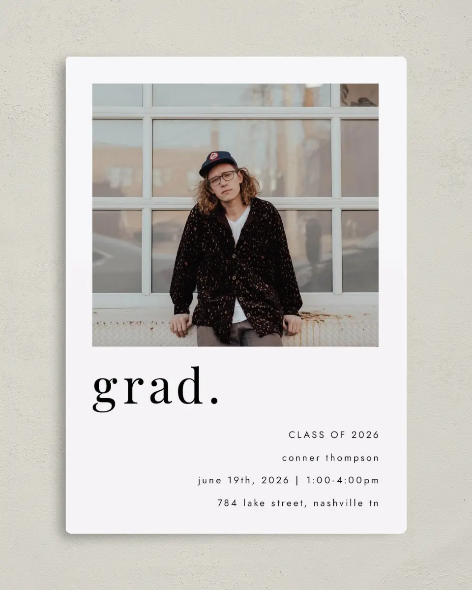 This is a 5" x 7" Graduation Announcement Magnet called Grad, Period printed in full color with a Luxe Satin finish