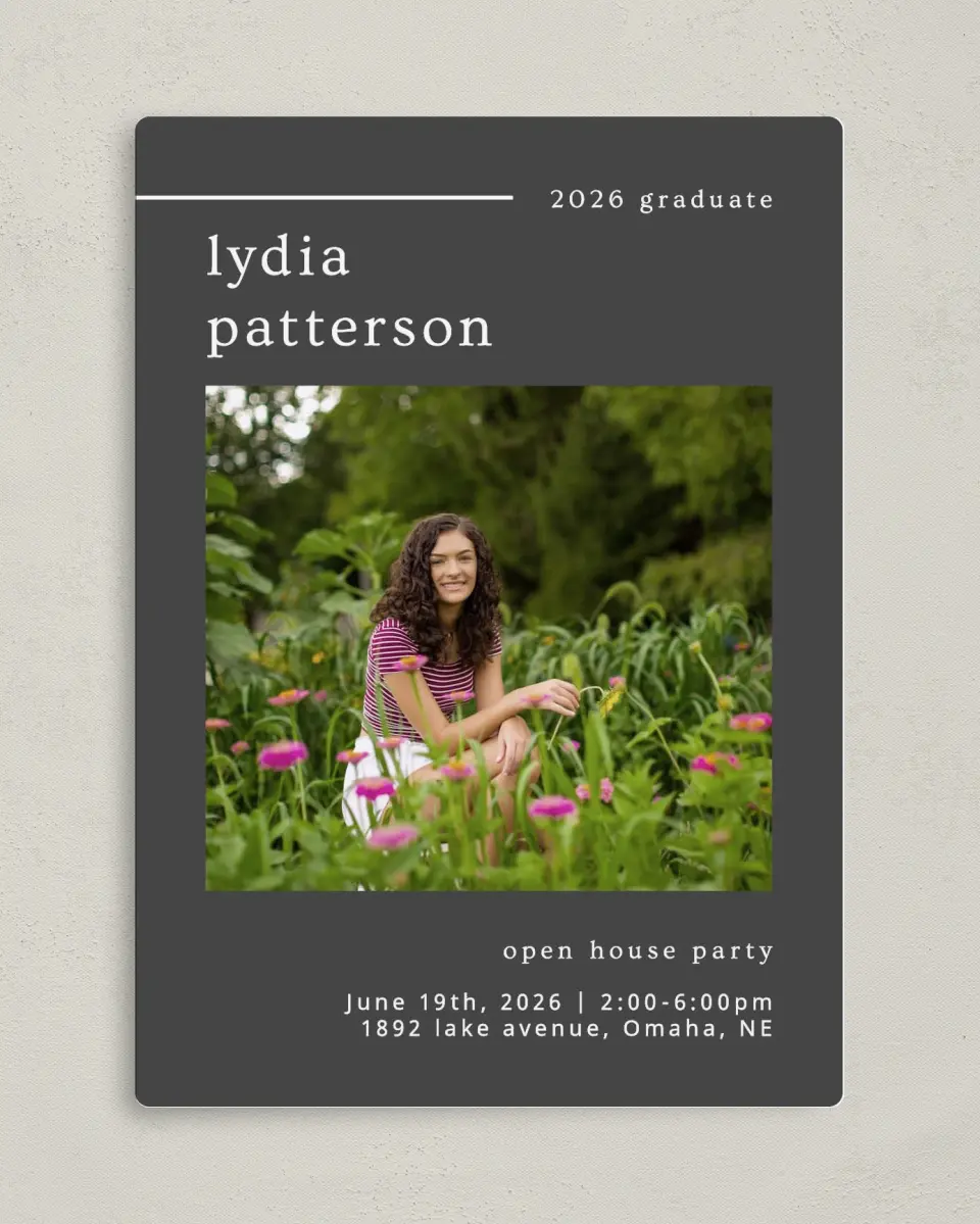 This is a 5" x 7" Graduation Announcement Magnet called Mild Mannered printed in full color with a Luxe Satin finish