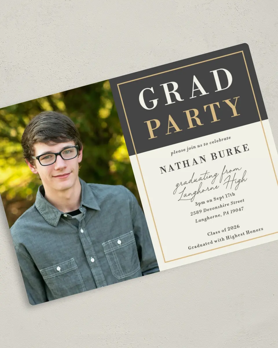 This is a 5" x 7" Graduation Announcement Magnet called Grad Party printed in full color with a Luxe Satin finish