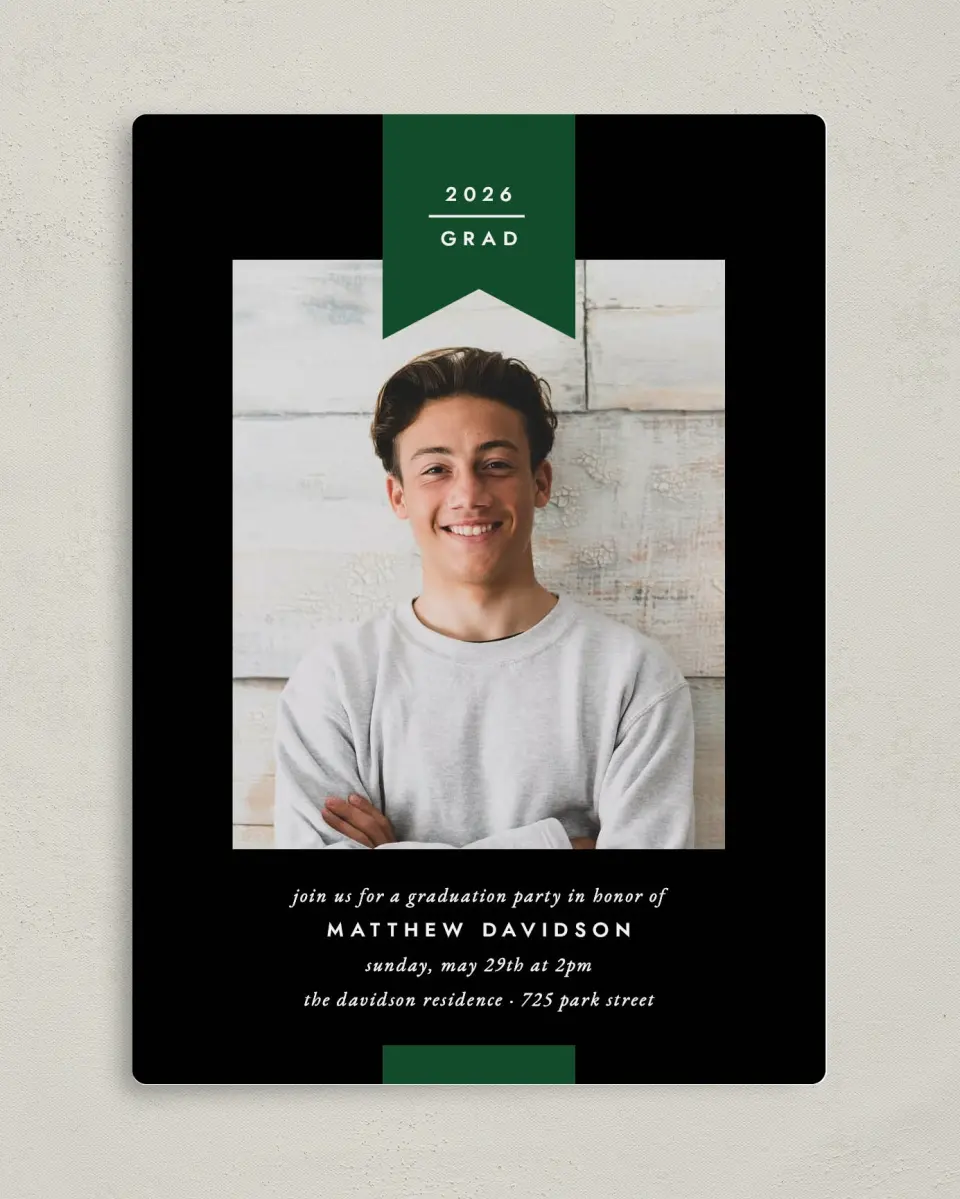 This is a 5" x 7" Graduation Announcement Magnet called Grad Banner printed in full color with a Luxe Satin finish