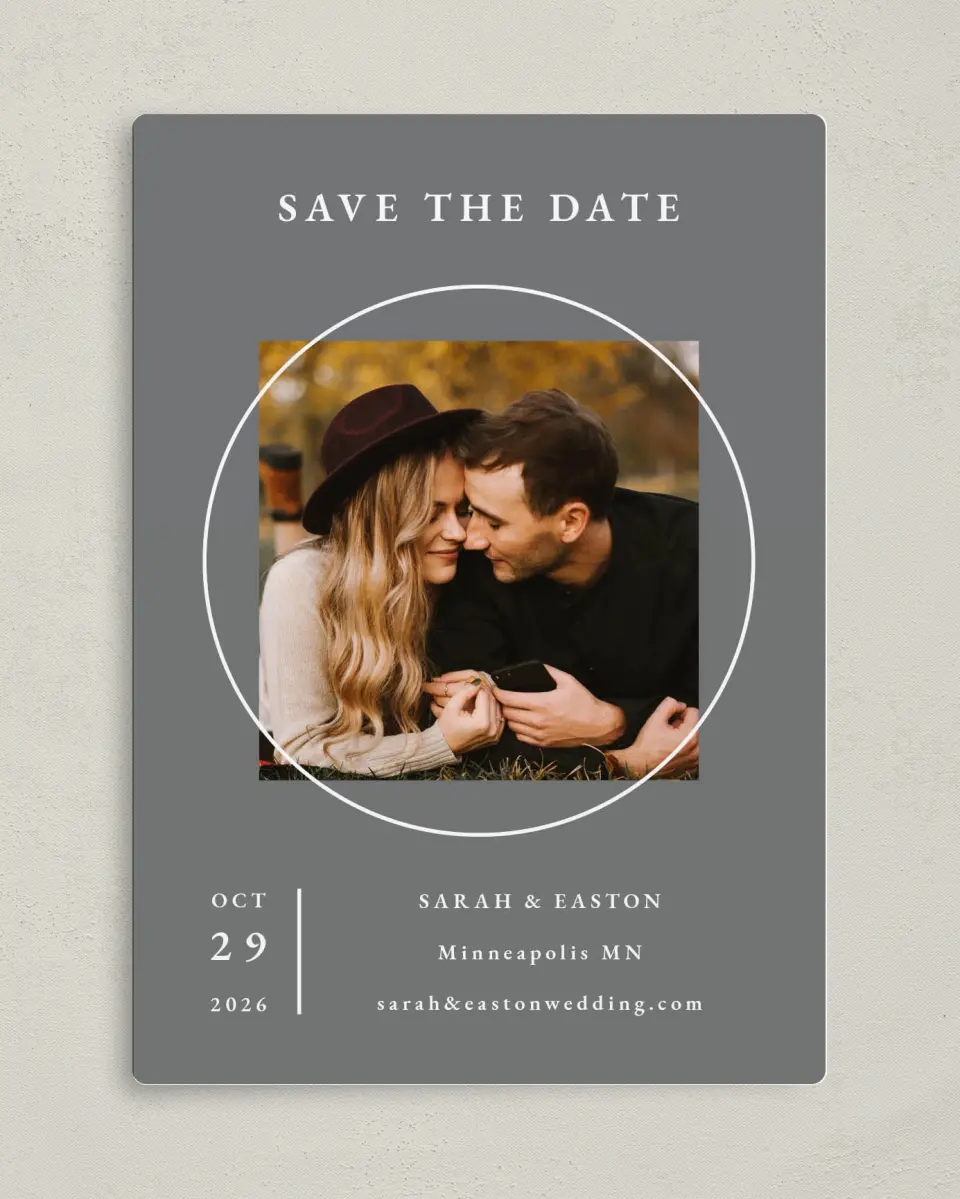 This is a 5" x 7" Save the Date Magnet called Heavenly Harmony printed in full color with a Luxe Satin finish