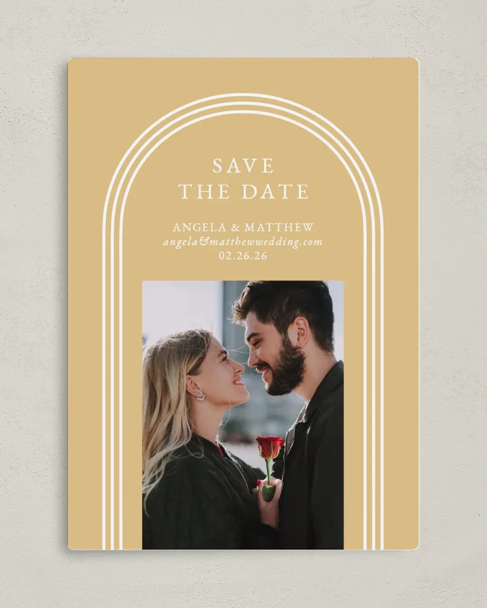 This is a 5" x 7" Save the Date Magnet called Charming Arch printed in full color with a Luxe Satin finish