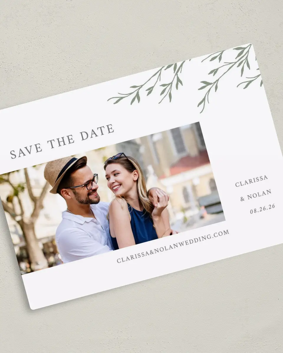 This is a 5" x 7" Save the Date Magnet called Bright Greens printed in full color with a Luxe Satin finish