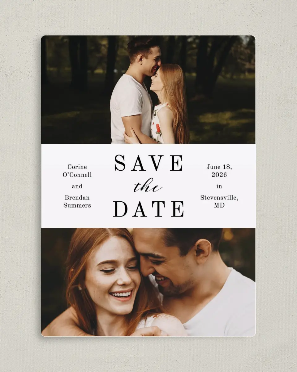 This is a 5" x 7" Save the Date Magnet called Classy Type printed in full color with a Luxe Satin finish