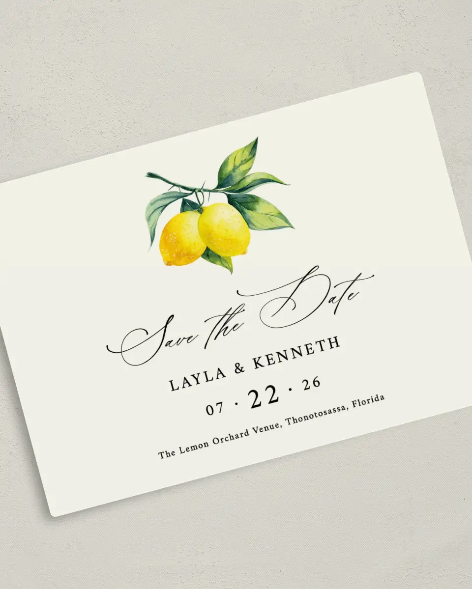 This is a 5" x 7" Save the Date Magnet called Antique Lemon printed in full color with a Luxe Satin finish