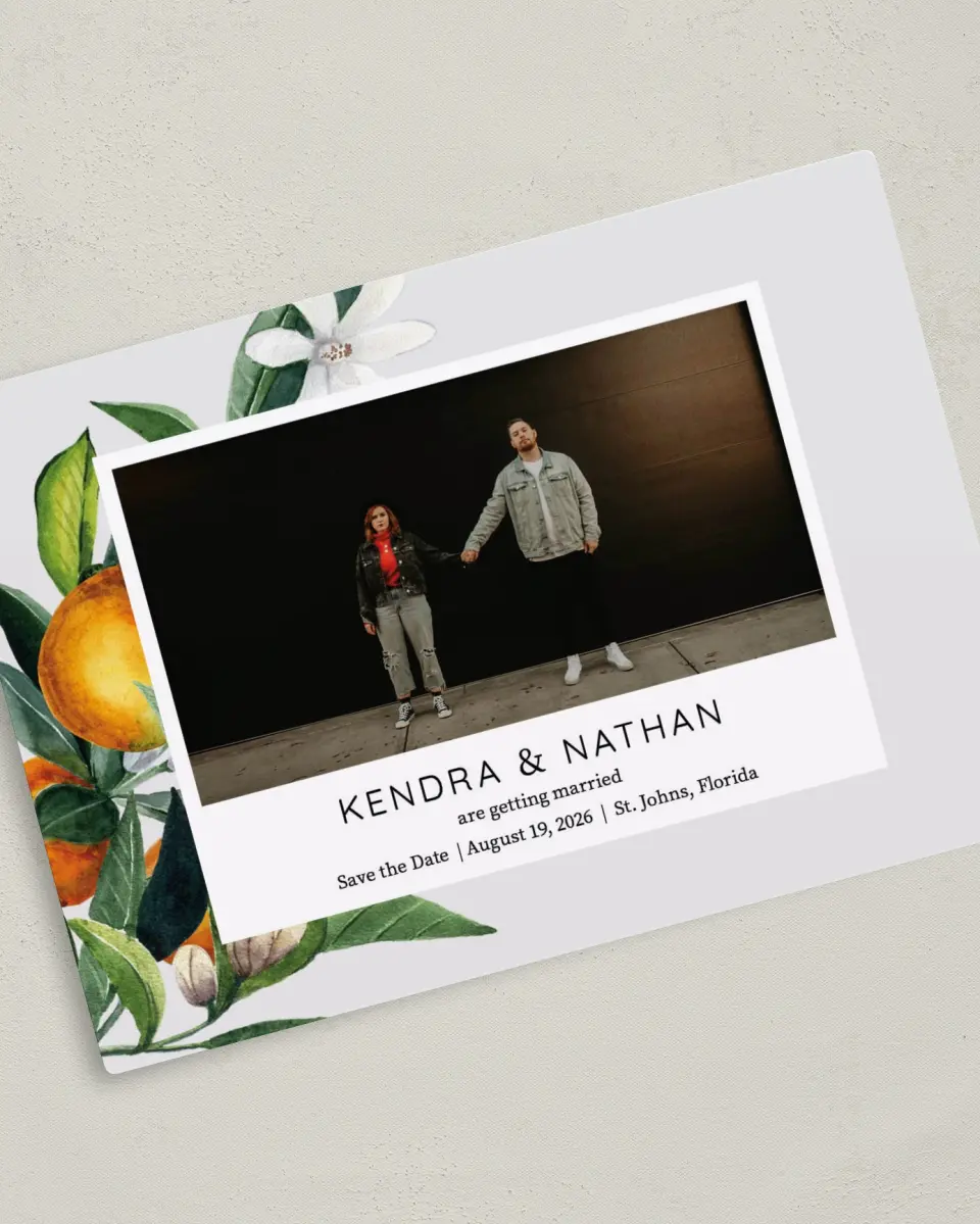 This is a 5" x 7" Save the Date Magnet called Mod Citrus printed in full color with a Luxe Satin finish