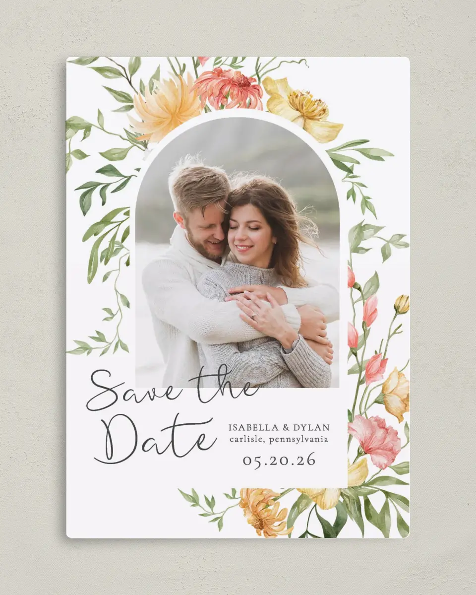 This is a 5" x 7" Save the Date Magnet called Secluded Blooms printed in full color with a Luxe Satin finish