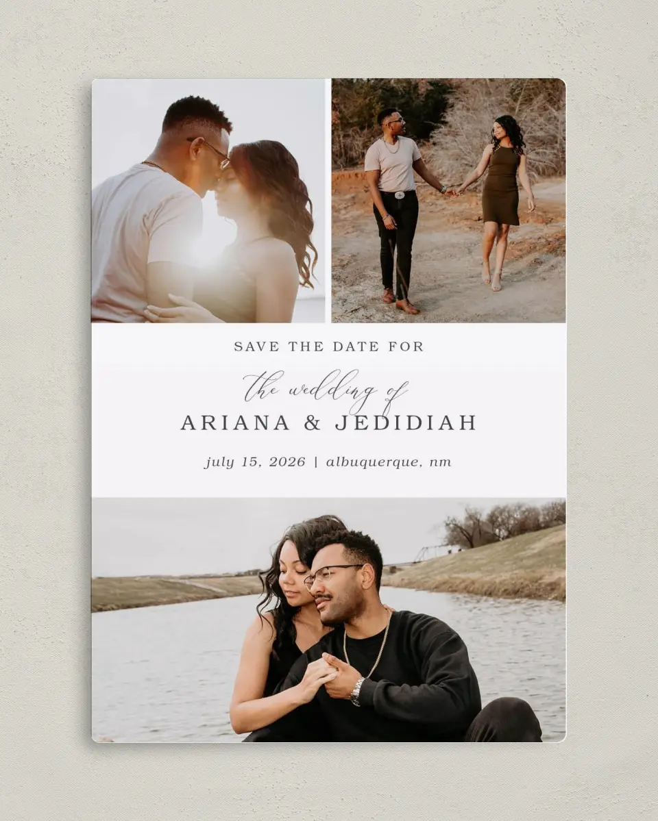 This is a 5" x 7" Save the Date Magnet called Flawless Photo printed in full color with a Luxe Satin finish